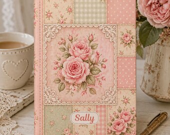 Shabby Chic Rose Journal, Patchwork Quilt Notebook, Vintage Cottage core, Diary, Gift Writing Book