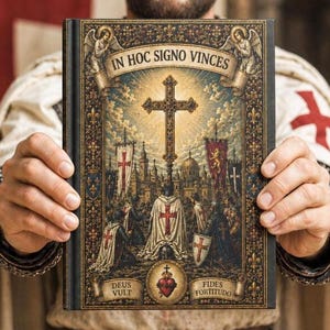 May include: A hardcover book featuring an ornate cover with a central cross, knights in white cloaks with red crosses, and the Latin text IN HOC SIGNO VINCES, DEUS VULT, and FIDES FORTITUDO. The design includes gold filigree borders and angels.