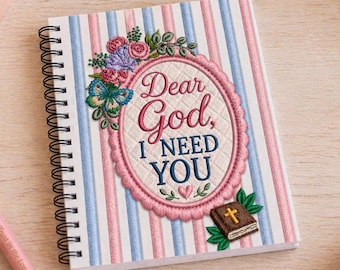 Personalized Christian Prayer Journal, Faux Embroidery Design,  & Pen, Faith Writing Notebook