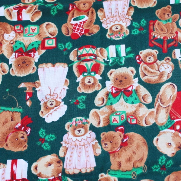 Vintage Christmas holiday craft quilting cotton fabric, teddy bears & pull toy bear print