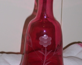 Cranberry red etched frosted glass vase vintage bell shaped