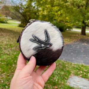 Real Cowhide Coin Purse with Beaded Swallow, White/Brown Purse with Beaded Embroidered Swallow Bird, Coin Purse with Key Chain Ring