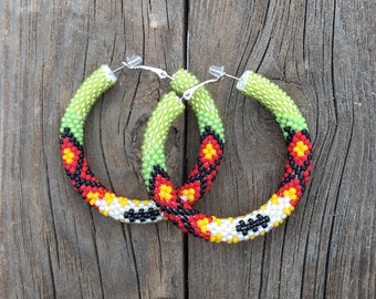 Ethnic Style Hoop Earrings 2.1&quot;, Green Beaded Earrings, Beaded Hoop Earrings, Colorful Beaded Earrings, Big Hoops Earrings, Ethnic Earrings
