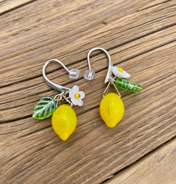 Lemon Earrings Fruit Earrings Czech Glass Beads Yellow Earrings