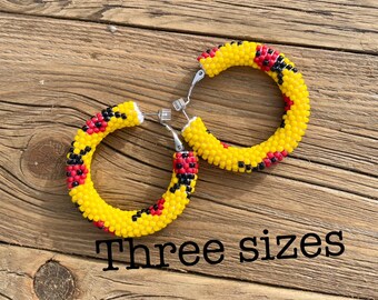 Ladybug Hoop Earrings, Beaded Hoop Earrings, Colorful Beaded Earrings, Big Hoops Earrings, Yellow Hoop Earrings, Ladybug Earrings