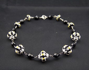 Black & White Beaded Floral Necklace: Czech Faceted Beadwork