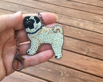 Pug Keychain, Pug Handbag Charm, Embroidered Beaded Charm, Animal Keychain, Dog Keychain, MADE TO ORDER