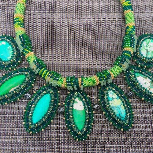 Green Beaded Embroidered Necklace, Necklace with Magnesite Cabochons, Crochet with beads Necklace shops