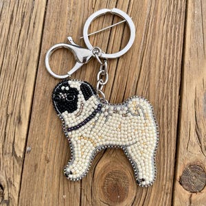 Pug Keychain, Pug Handbag Charm, Embroidered Beaded Charm, Animal Keychain, Dog Keychain