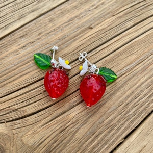 Strawberry Earrings, Fruit Earrings, Czech Glass Beads, Red Berry Earrings