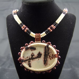 Jasper Pendant Necklace, Embroidered Seed Beads, Picture Jasper Pendant, Hieroglyph Pendant