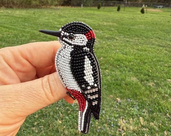 Beaded Woodpecker Brooch: Embroidered Bird Pin