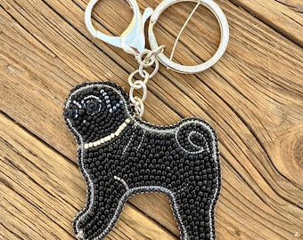 Embroidered Beaded Black Pug Keychain: Dog Handbag Charm. MADE TO ORDER
