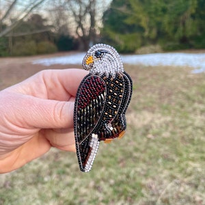 Peut inclure: Une broche d'aigle chauve en perles avec une tête blanche, des plumes noires et brunes et un bec jaune.