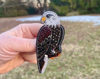Beaded Bald Eagle Brooch: Embroidered Bird Pin