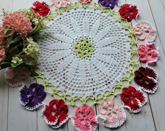 Handmade Crocheted Doily, Pansy Doily,  Floral doily, approximately 15", Vintage design