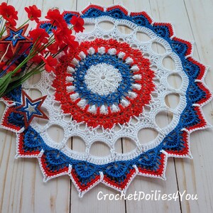 Handmade Crocheted Doily, textured design, 12"  diameter,  Patriotic Doily, Red White & Blue