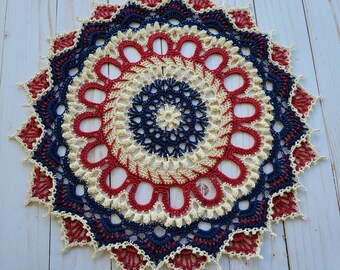 Handmade Crocheted Doily,  textured design, Patriotic doily