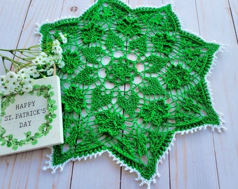Textured design St. Patrick's doily with shamrocks and hearts,  Shamrock Soiree,  hand crocheted