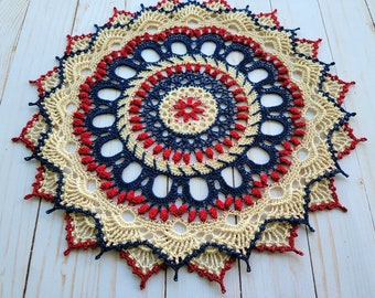 Handmade Crocheted Doily,  textured design, Patriotic doily