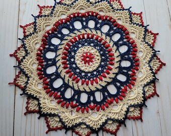 Handmade Crocheted Doily,  textured design, Patriotic doily
