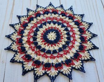 Handmade Crocheted Doily, small 8" doily, Patriotic colors