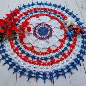 Handmade Crochet Doily, Patriotic Star doily, Red White & Blue