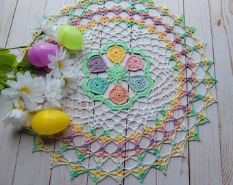 Handmade crocheted doily,  Easter Egg Doily, Pastel colors