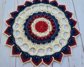 Handmade Crocheted Doily ; Patriotic doily, textured design ; Tilda 12" diameter