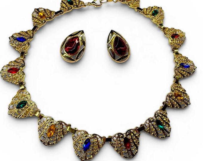 Vintage Gold Tone Jeweled Necklace Brooch and Earring Bundle