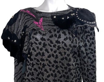 Vintage Patchwork Shoulder Animal Print Sweater...   Sz Med