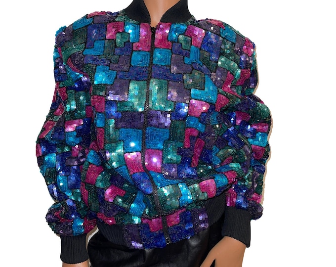 Vintage Laurence Kazer Sequin Bomber Jacket sz XL