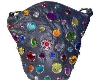 Vintage Midnight Blue Bejeweled  Genuine Leather Purse
