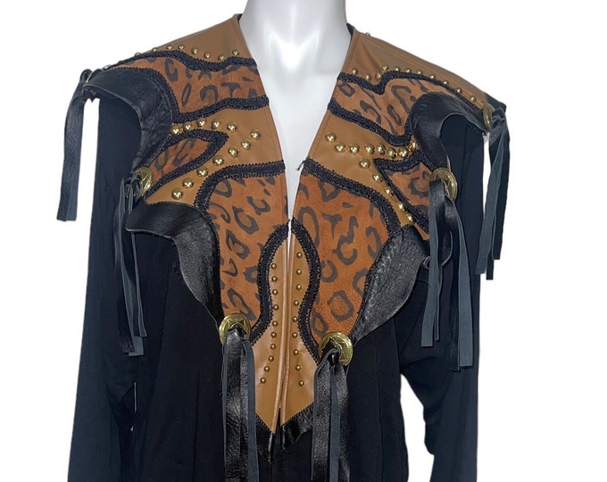Vintage Shoulder Shawl Leopard Leather Studded Blazer