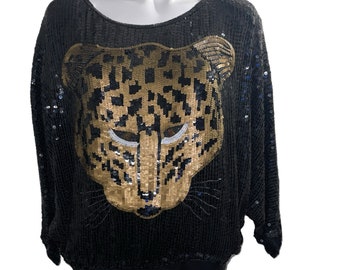 Vintage Leopard Cheetah Sequin Blouse...