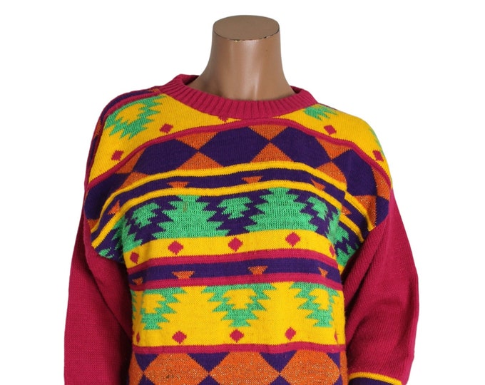 Vintage Colorful Abstract Embellished Aztec Print Sweater...