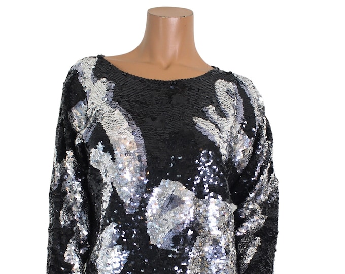 Vintage Abstract Black & Silver Sequin Blouse...  Sz. 42