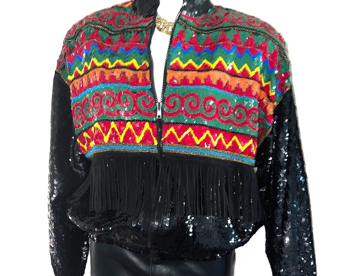 Vintage Modi Sequin Fringe Bomber Jacket