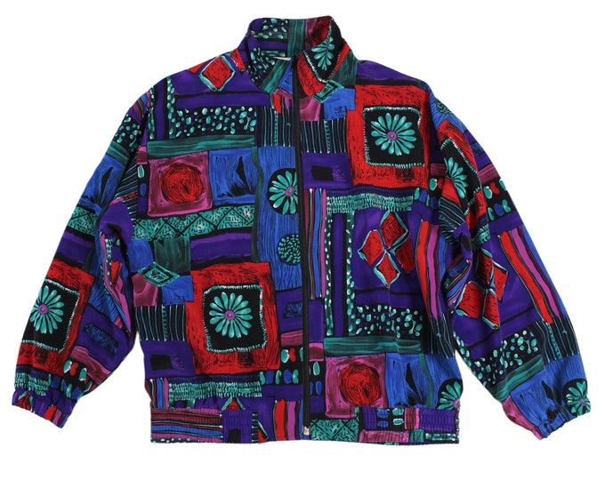 Vintage Abstract Floral Color-Block Bomber Jacket... Sz Med