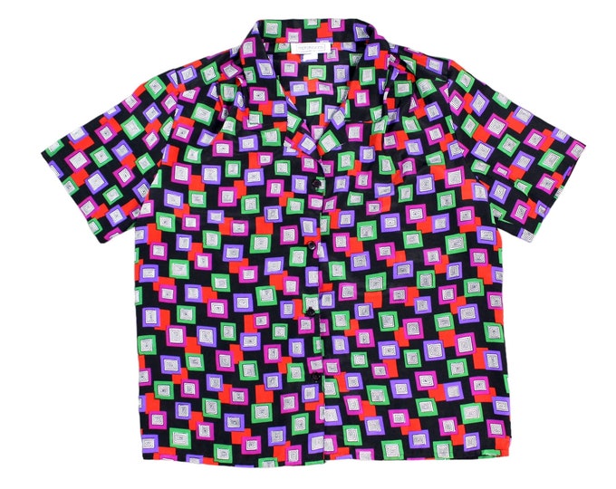 Vintage Women's Abstract Colorful Color-Block Blouse...