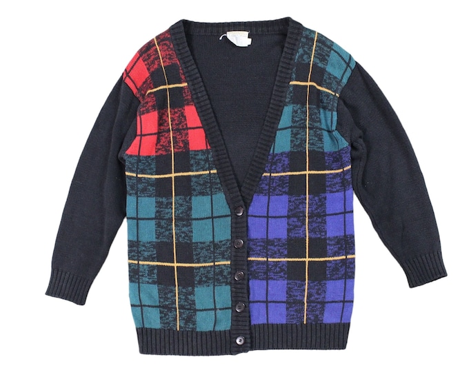 Vintage Pierre Cardin Color-Block Plaid Cardigan Sweater...  Sz. Small