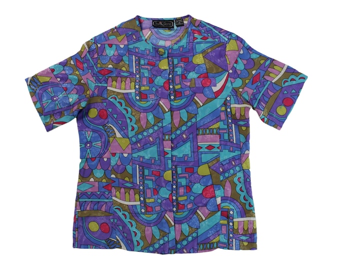 Vintage Women's Colorful Abstract Print Blouse... Sz. 14