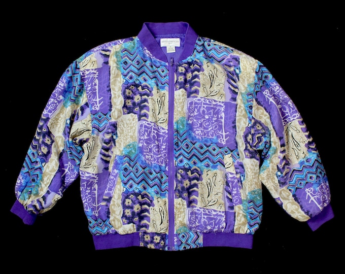 Vintage Women's Abstract Silk Colorful Bomber Jacket.... Sz PLarge