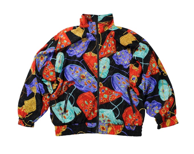 Vintage Colorful Abstract Jewel Print Windbreaker Bomber Jacket... Sz Large