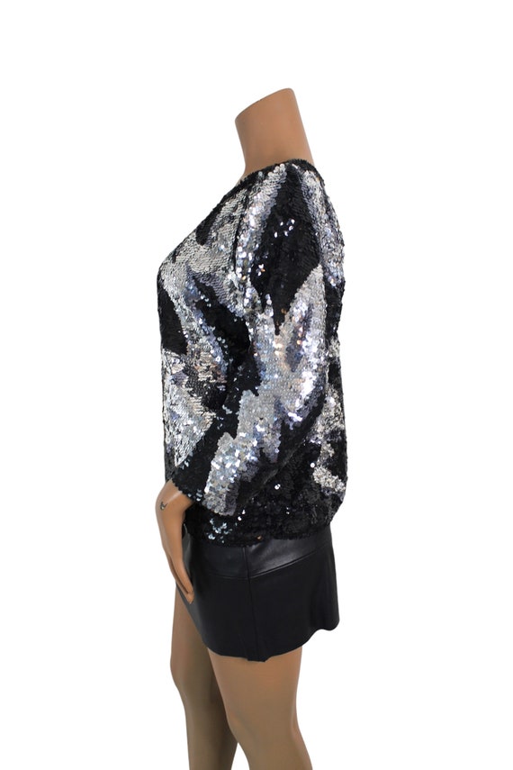 Vintage Abstract Black & Silver Sequin Blouse... … - image 4