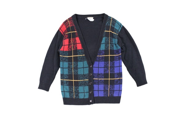 Vintage Pierre Cardin Color-Block Plaid Cardigan Sweater...  Sz. Small