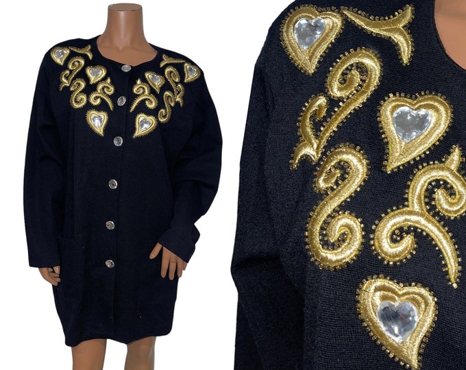Vintage Heart Jeweled Gold Embroidered Duster Blazer...