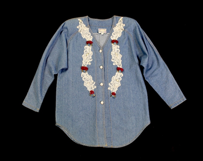 Vintage Women's Denim Floral Blouse... Sz 8