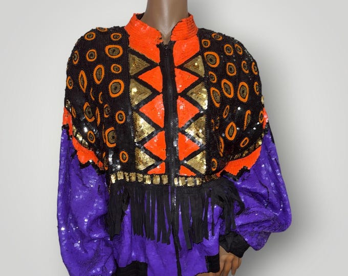 Vintage French Collizioni Sequin Fringe Bomber Jacket SZ 3X