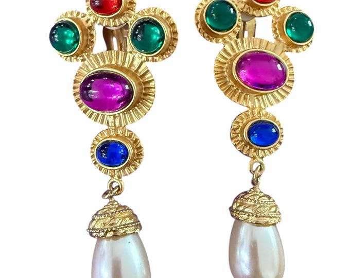 Vintage Gold Tone Jeweled Cabochon Earrings